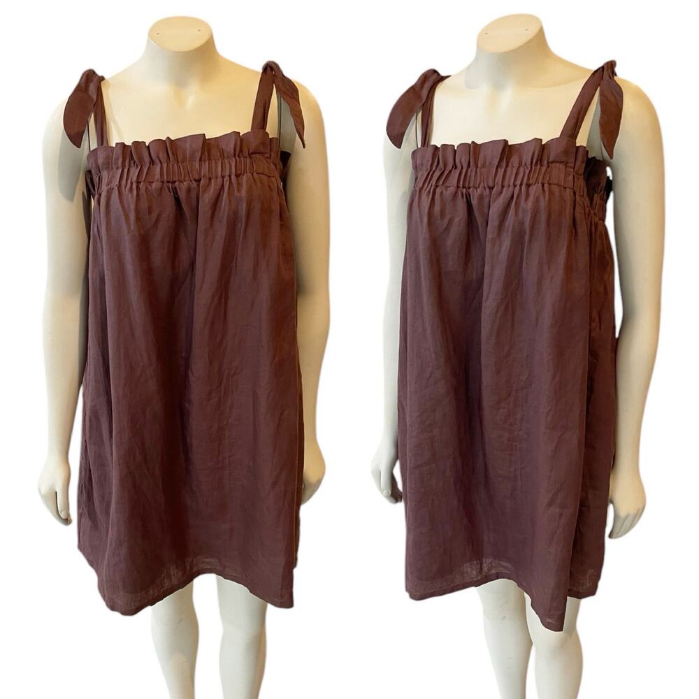 Diish Stacey Chocolate Linen Mini Dress Tie Shoulder Size 10